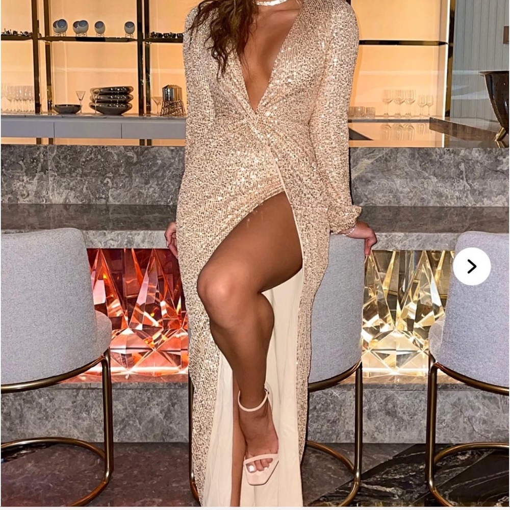 Fashion Nova Gold Sequin Long Sleeve Dress